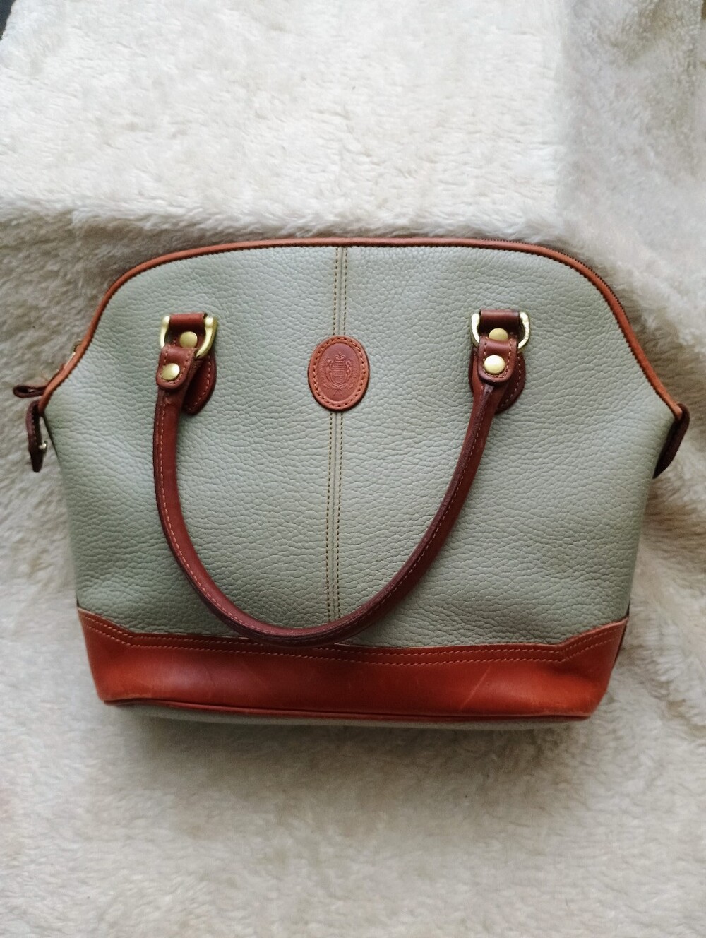 Vintage 90s Liz Claiborne Pebbled Leather Crest Dome Satchel Bag - Sage/Cognac